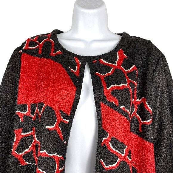 Chico's Travelers Collection Cardigan Jacket Textured Black Red Print Size 3 - Picture 3 of 7